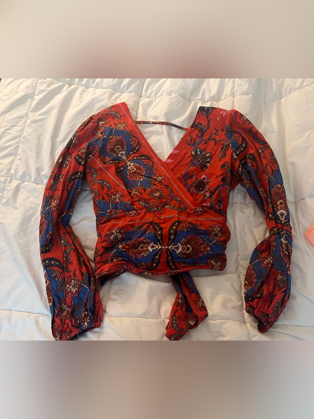 Anthropologie Red Floral-Print Wrap Crop Top